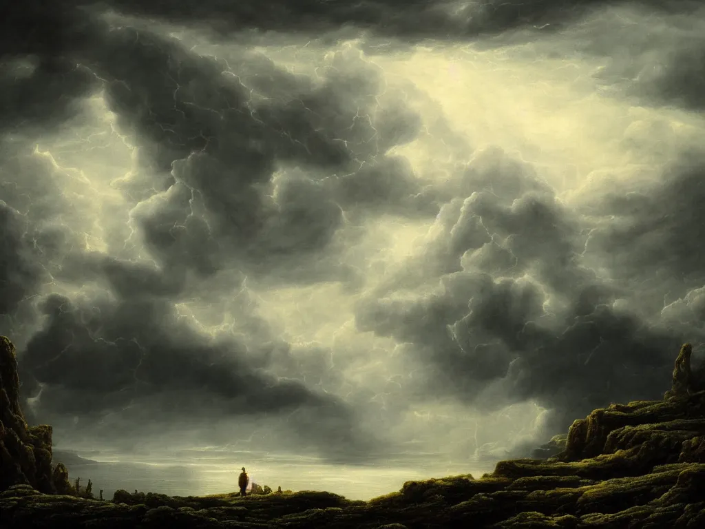 Image similar to detailed landscape, high cliff, very detailed dark super storm, hyper realistic clouds, impressive, magical, very atmospheric, smoke boiling, cinematic, deep, very high complexity, stunning, masterpiece, chiaroscuro, in the style of caspar david friedrich, very detailed. 4 k