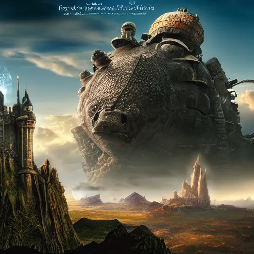 Image similar to large fantasy castle rising from the top of a giant tortoise, towering over a harsh barren wasteland, howls moving castle, mortal engines, kaiju, distant - mid - shot centered, fantasy, hyper detailed, 4 k