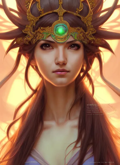 Image similar to portrait, head and torso only, palutena, concept art, digital illustration, by rossdraws, frank franzzeta, intricate, elegant, hyper detailed, ultra definition, photoreal, artstation, unreal engine rendered, concept art, smooth, sharp focus, illustration, art by artgerm and greg rutkowski and alphonse mucha and garis edelweiss
