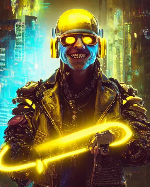 Prompt: an intimate portrait of a gnarly human cyberpunk captain, old skin, charming, strong leader, metal eye piece, a look of cunning, big smile, detailed matte fantasy painting, golden cityscape, lasers, sparks, yellow and blue and cyan