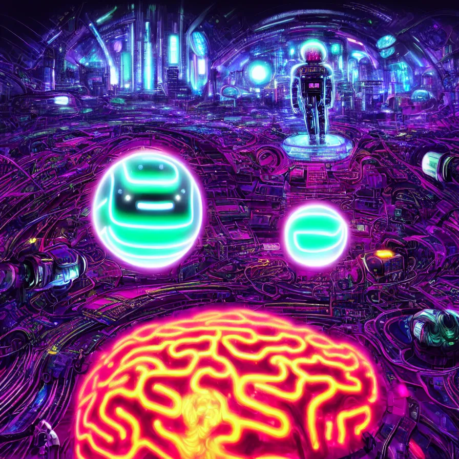 Prompt: psychedelic cybernetic brain with toxic androids, macro photography, techno planet in cybernetic neo - tokyo in background, by jeff easley, vibrant colors, award winning, stylized neon, post - processing, by tsutomu nihei, superb resolution, by junji ito, by greg rutkowski, 8 k, hyper realistic anime, perfect art