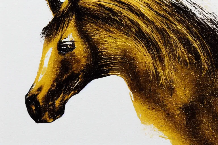 Image similar to beautiful serene horse, healing through motion, minimalistic golden ink aribrush painting on white background