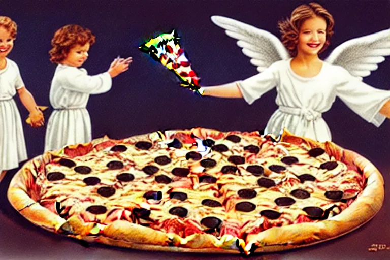 Image similar to angels, pizza, advertisement