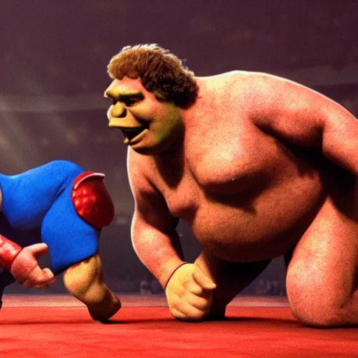 Image similar to shrek vs andre the giant at wrestlemania 8, dramatic lighting, 8k