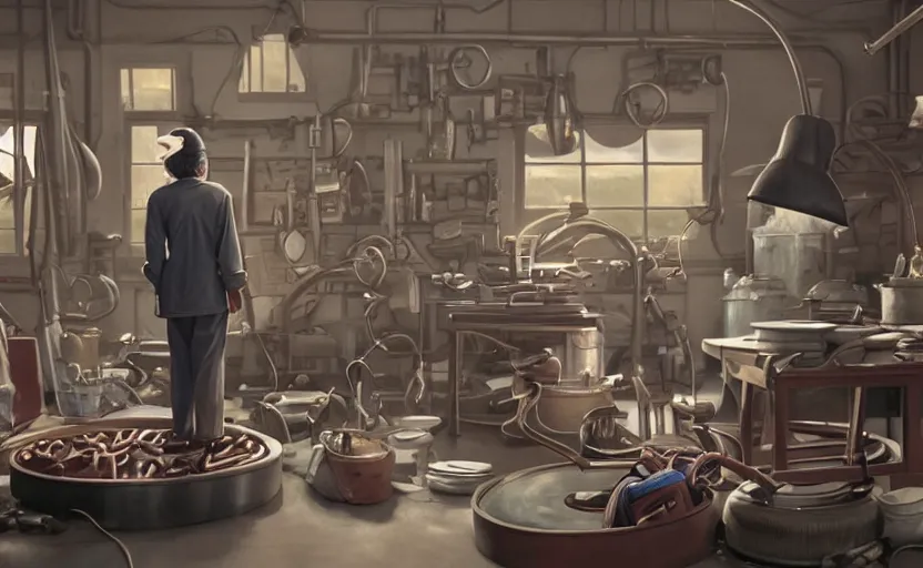 Image similar to a film still of willie wonka's chocolate factory 1973, animation key shot of a focused auto mechanic repairing the tires of a motorcycle in the workshop garage, medium shot, waist up, studio Ghibli, Pixar and Disney animation, sharp, Rendered in Unreal Engine 5, anime key art by Greg Rutkowski, Bloom, dramatic lighting