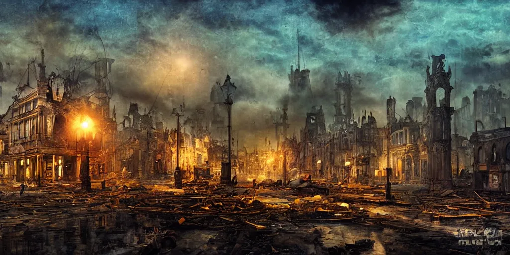 Image similar to victorian city in ruins at night, crashed zeppelin in the background, digital art, high definition