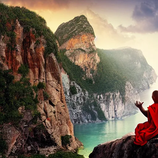 Image similar to a huge war monk sitting on a giant cliff, beautiful scenery, digital masterpiece