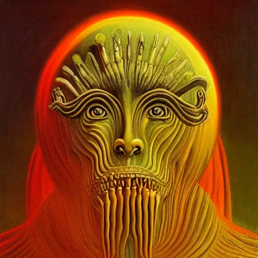 Image similar to the queen of the sun in the style of zdzisław beksiński and h.r. giger, oil on canvas, full body, open wide chest, intricately detailed artwork, full 8k high quality resolution, recently just found unknown masterpiece, renaissance painting, photorealism, 8k high detail, Sigma 85 mm f 1.4, Studio Light, Studio Ghibli, jacek yerka, alex gray, zdzisław beksiński, dariusz zawadzki, jeffrey smith and h.r. giger, oil on canvas, 8k highly professionally detailed, trending on artstation, her hair is thick and smooth, she is beautiful showing her true form, zdzisław beksiński and h.r. giger,zdzisław beksiński and h.r. giger,zdzisław beksiński and h.r. giger,zdzisław beksiński and h.r. giger, jeffrey smith, jeffrey smith, jeffrey smith, jeffrey smith, jeffrey smith, jeffrey smith, jeffrey smith, jeffrey smith, jeffrey smith, jeffrey smith