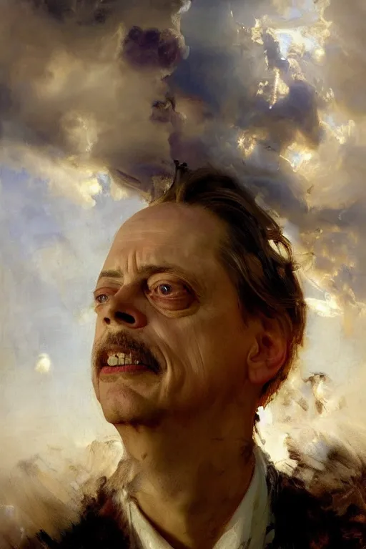 Image similar to beautiful detailed expressive impressionistic oil painting portrait of ancient roman god emperor steve buscemi ascending into the clouds wearing the civic crown, renaissance painting, art by anders zorn, wonderful masterpiece by greg rutkowski, expressive brush strokes, beautiful cinematic light, american romanticism by greg manchess, jessica rossier