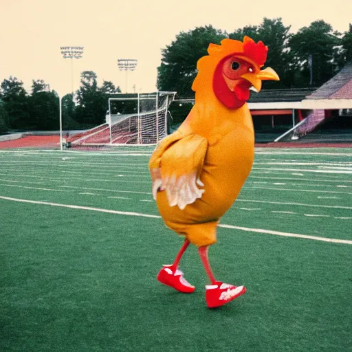 Image similar to the famous funky chicken runs across a football field, interrupting the big game, 3 5 mm