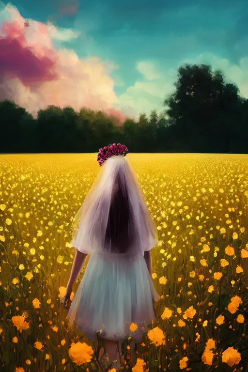 Image similar to giant white flower crown as head, veil girl walking in a flower field, surreal photography, sunrise, dramatic light, impressionist painting, colorful clouds, digital painting, artstation, simon stalenhag