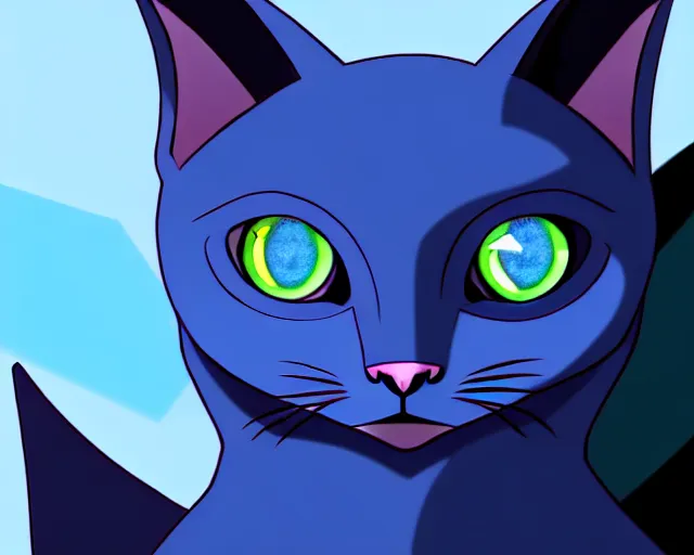 Image similar to a blue - and - black male catbat fursona with blue / green heterochromatic eyes ( differently - colored eyes, one eye green, one eye blue ) and huge bat ears, photo of the catbat streaming on his computer