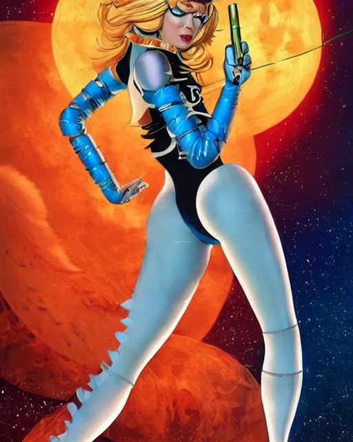 Prompt: barbarella as a robotic 8 0 s cat - girl, female, in the style of don bluth, j. scott campbell, hajime sorayama full color digital painting, leotard and leg warmers, many small details, artstation trending, artgerm, deviantart featured