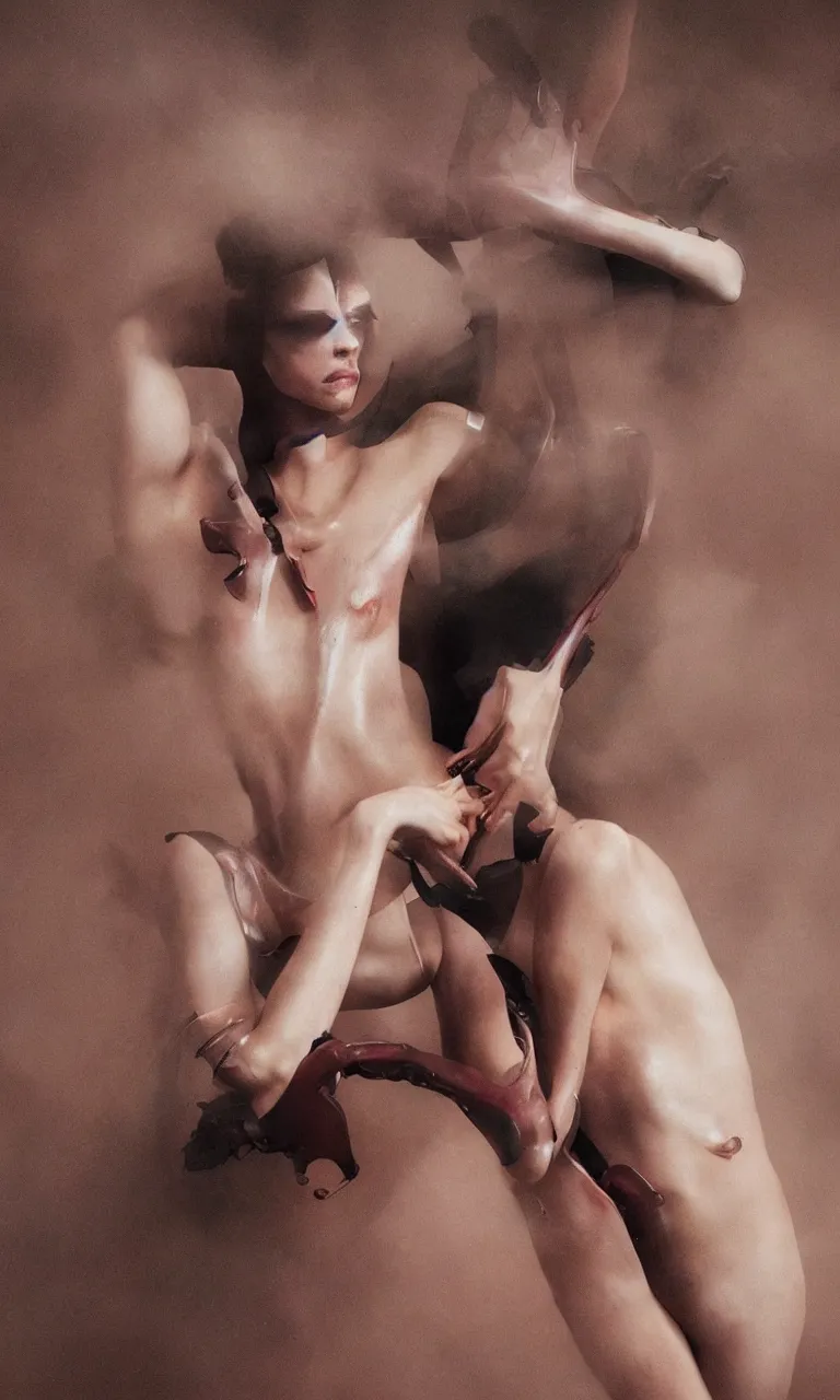 Image similar to Arca album cover, Arca emerging from the fog, Arca with opal flesh and mechanical instrument limbs