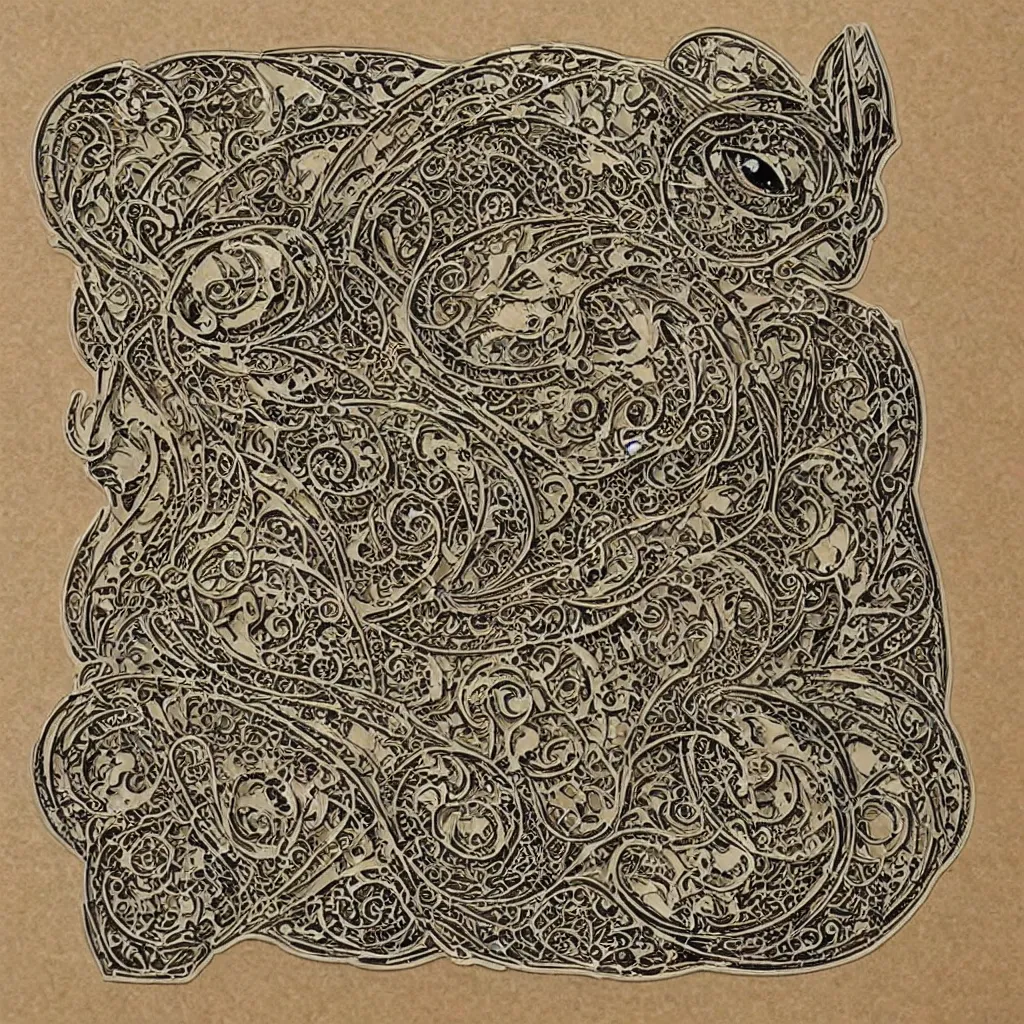 Image similar to vintage art nouveau style sticker, cat as a cyborg, detailed filigree fretwork lacework