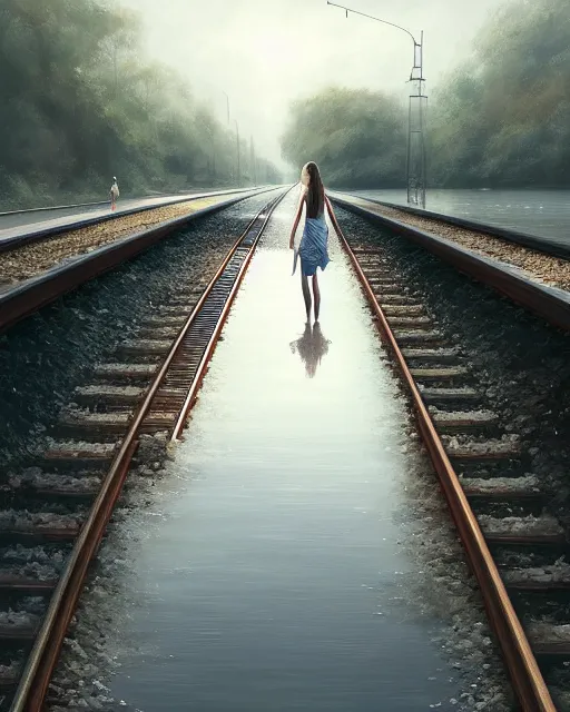 Prompt: submerged train tracks, reflective water, wide horison, girl walking and carrying shoes, train station in the distance, large white clouds, intricate, elegant, highly detailed, digital painting, artstation, concept art, smooth, sharp focus, illustration, art by artgerm and greg rutkowski and fra angelico