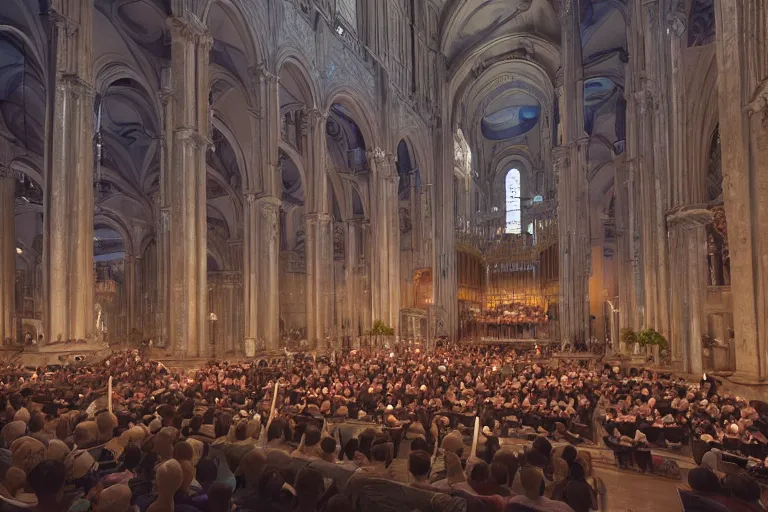 Image similar to huge crowd listens to a hermeneutic pipe organ concert in a vast basilica, matte painting, scenic full shot, ambient lighting, by makoto shinkai, stanley artgerm lau, wlop, rossdraws