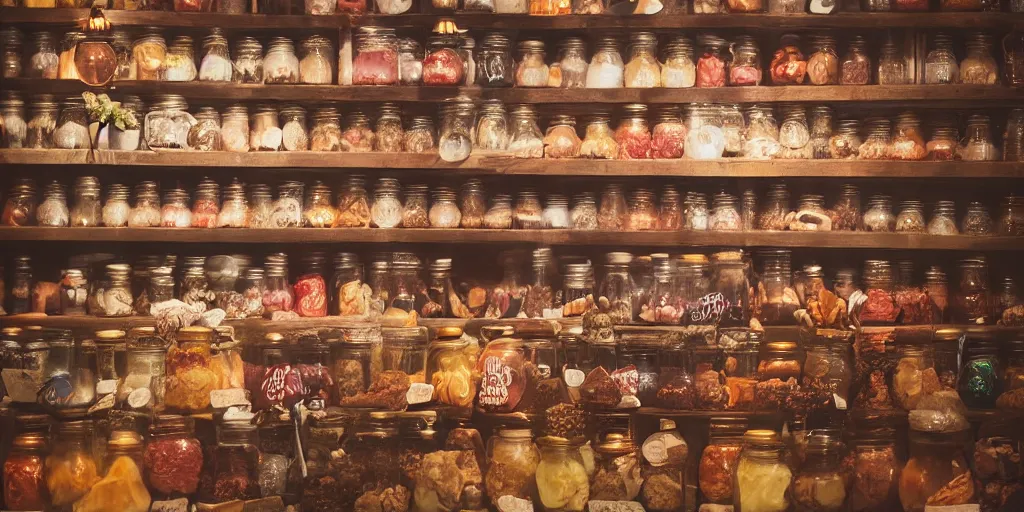 Prompt: Inside an old fashioned sweet shop, sweet jars on shelves with beautiful labels, fantasy vendor interior, wide angle, cinematic, highly detailed, cinematic lighting, photorealistic, colourful, trending on artstation