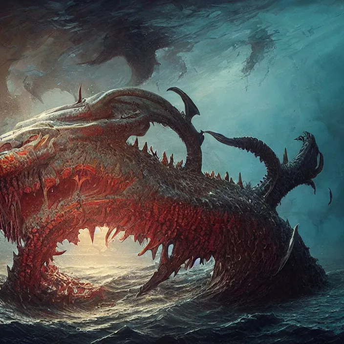 Image similar to sea monster large horror under the ocean d & d, d & d style, trending on artstation, intricate, highly detailed, vivid painting, colorful, art by greg rutkowski