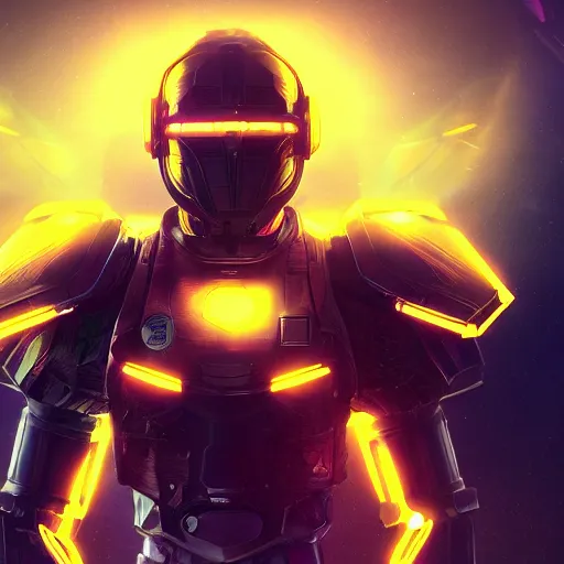 Image similar to Scifi armor, symmetric, futuristic, volumetric lighting, illustration, neon backlighting, space background, detailed, 8k