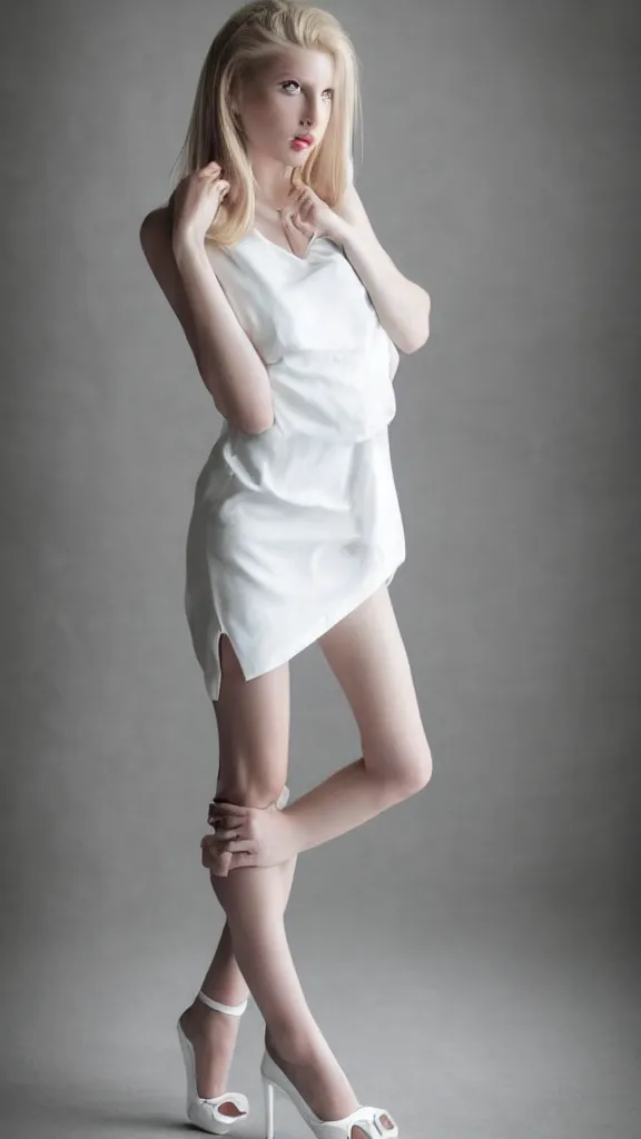 Prompt: extremely super beautiful studio photo of emily skinner, looking like annie leonhart, very beautiful slim legs, wearing heels and white short dress, in a white room, pale skin, bokeh, very very very very beautiful!!, hard focus, sexy dominant pose, full body shot, 9 0 mm, f / 1. 2 5
