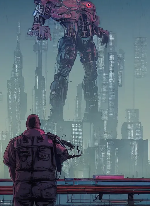 Prompt: Dumb Bubba. Buff cyberpunk meathead trying to intimidate a hacker. Large man looms over smaller figure. Realistic Proportions. Concept art by James Gurney and Laurie Greasley. Moody Industrial skyline. ArtstationHQ. Creative character design for cyberpunk 2077.