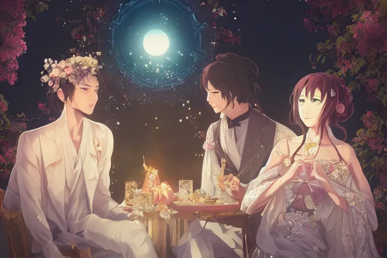 Image similar to a dreamlike portrait of wedding close up moment of a divine a japan sun god and moon goddess lovers magician at a wedding banquet. highly detailed, digital painting, fantasy wedding screen, 8 k realistic, hyper detailed, by makoto shinkai and akihiko yoshida and hidari and wlop