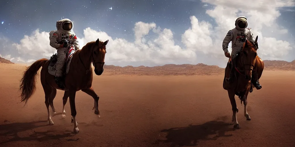 Prompt: american astronaut, riding a horse in socotra island, plants environment, wide angle, cinematic lighting, atmospheric, realistic, octane render, highly detailed, color graded, in the style of craig mullins