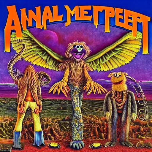 Image similar to animal the muppet on led zeppelin album cover, 8 k resolution hyperdetailed scary dystopian surrealism style of alex grey