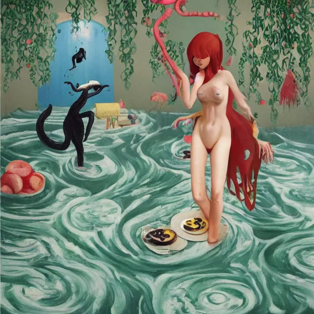 Image similar to tall female catgirl artist holding berry pancakes in her flooded apartment, pomegranates, octopus, water gushing from ceiling, painting of flood waters inside an artist's apartment, a river flooding indoors, mushrooms, ikebana, zen, rapids, waterfall, black swans, canoe, berries, acrylic on canvas, surrealist, by magritte and monet