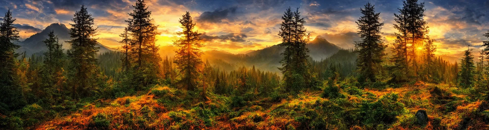 Prompt: beautiful forest mountain landscape with a majestic sunrise, art, high detail, high definition, photorealistic, hdr,