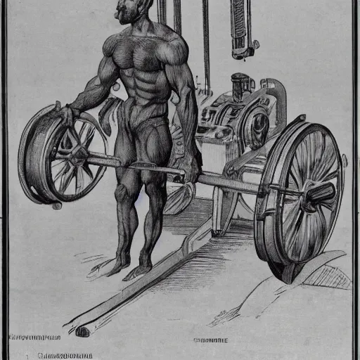 Prompt: a muscular bald man carrying engines on his back, technical diagram
