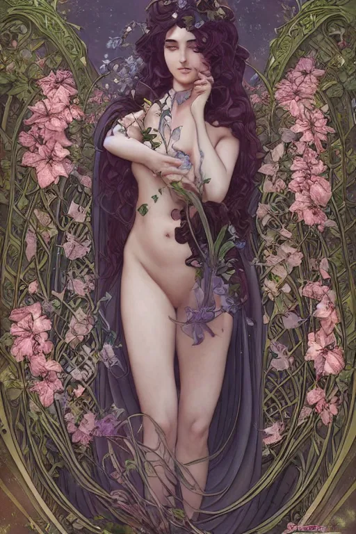 Prompt: Art Nouveau Queen of the moon, Lush Garden Leaves and Flowers, Sensual Angelic woman in a manga cover style, full body image, headshot, D&D, fantasy, highly detailed, digital painting, artstation, concept art, sharp focus, illustration, art by artgerm and greg rutkowski and alphonse mucha