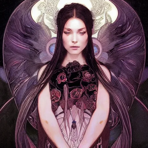 Image similar to A portrait of A beautiful!!!! angel in black flames by Ross Tran!! and alphonse mucha and greg rutkowski and Zdzisław Beksiński!!,In style of digital art illustration.Symmetry.Highly detailed face.Fantasy,smooth,hyper detailed,sharp focus,Soft light.trending on artstation.4k