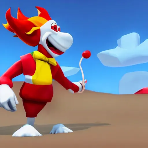 Image similar to image of ronald mcdonald, white face, red afro, red nose and yellow outfit as an enemy in spyro the dragon video game, with low poly playstation 1 graphics, upscaled to high resolution