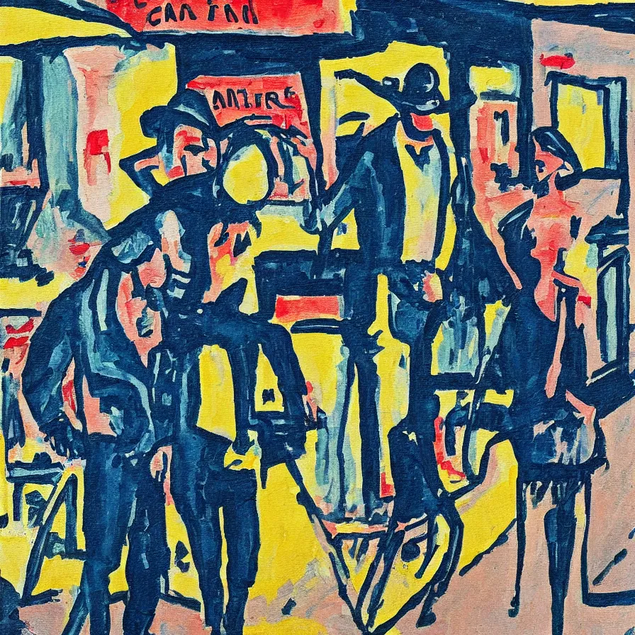 Prompt: a painting of a coal miner and an astronaut standing in front of an american diner in the style of Ernst Ludwig Kirchner