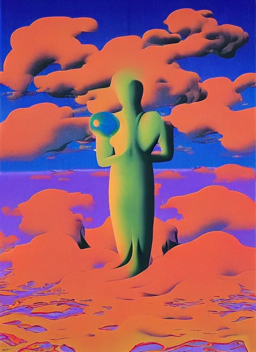 Image similar to Japan travel and tourism c2050, surrealist psychedelic painting in the style of Oxygene, Magritte, Roger Dean, Yoshio Awazu, vivid color