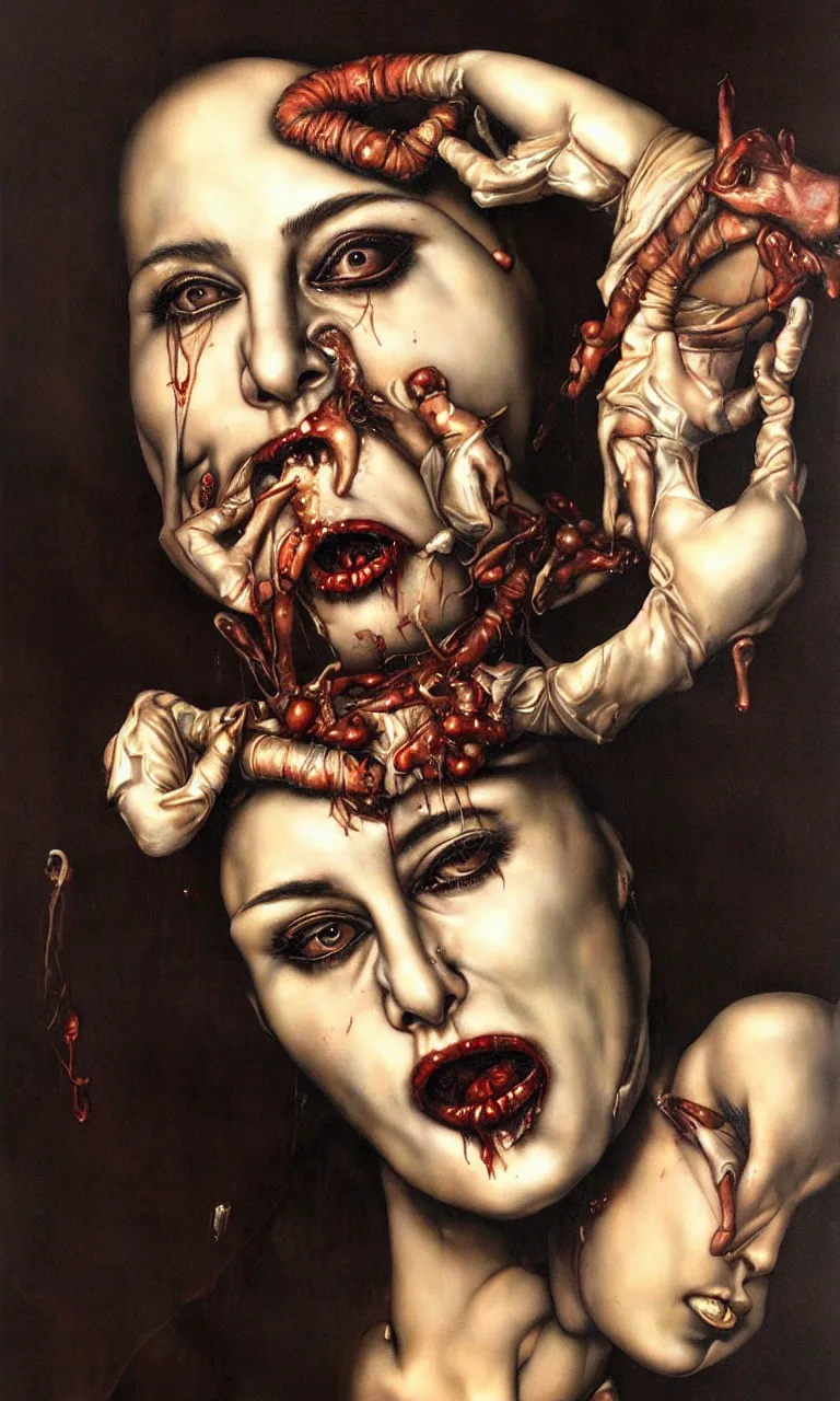 Prompt: Portrait of Ravenous Madonna by Wayne Barlow and Saturno Butto