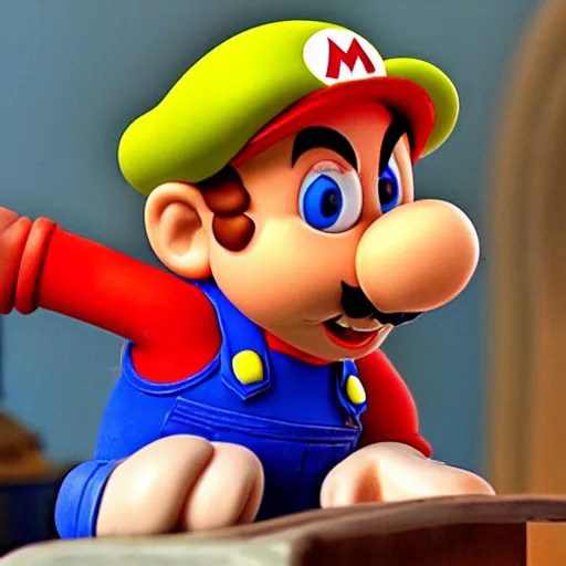 Prompt: Mario in a still from a Wallace and Gromit stopmotion animation, plasticine models, British stopmotion, high quality, slightly desaturated colors, art by Aardman Animations, 4k