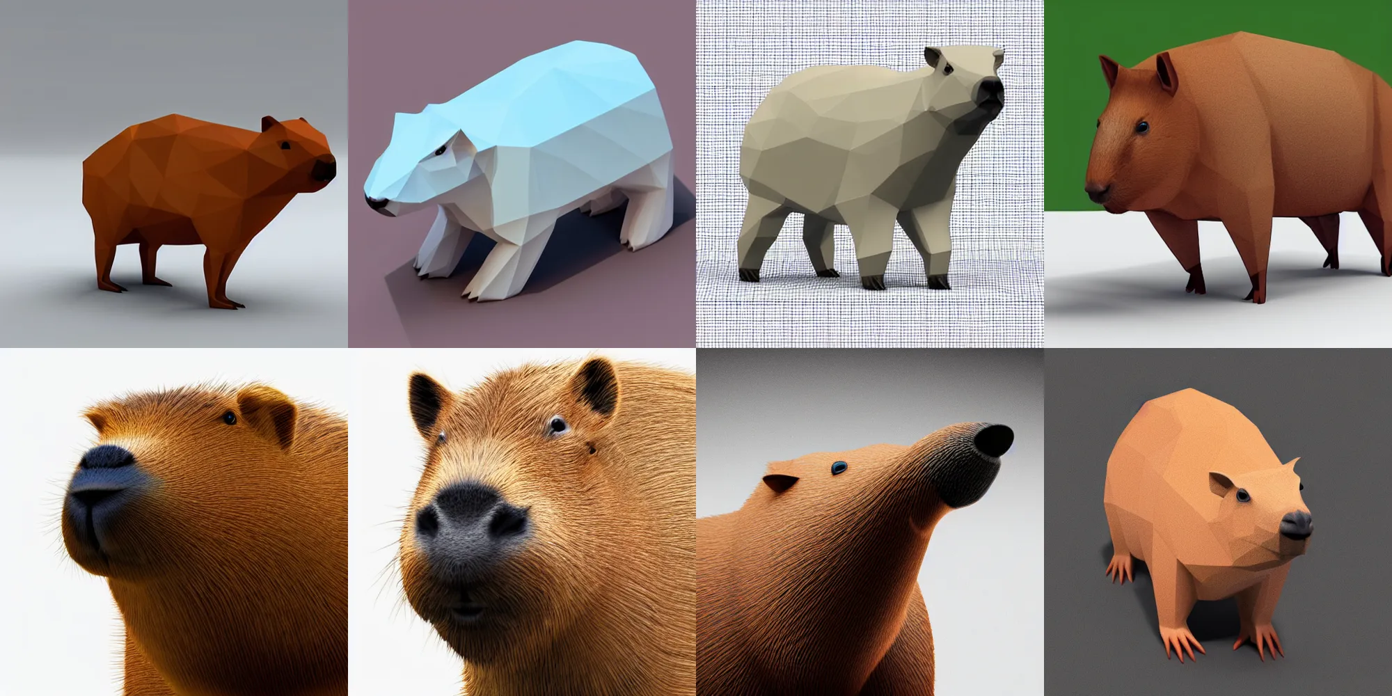 Prompt: low polygon render of a capybara on a white background, isometric 3 d, ultra hd