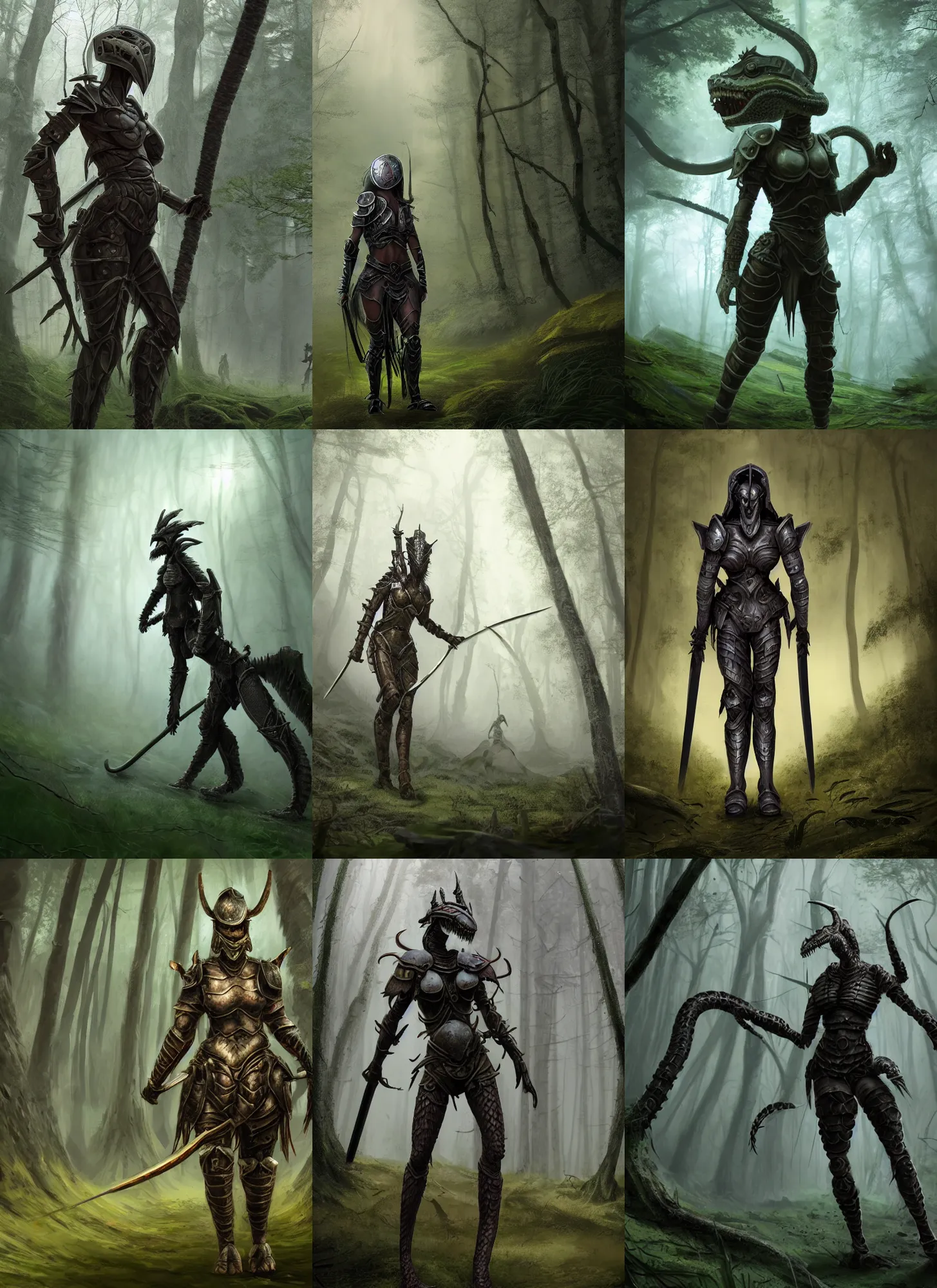 Prompt: a matte painting of a helmeted female warrior wearing battle worn armor wielding twin swords walking in the forest plains of north yorkshire, misty forest, monstrous snake creature in the background, good value control, concept art, digital painting, sharp focus, symmetrical, segmented armor, single character full body, 4k, illustration, glowing eyes, rule of thirds, centered, moody colors, moody lighting, atmospheric