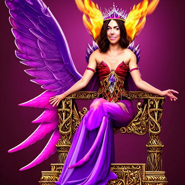 Prompt: Princess sorceress with red flaming bird wings on her back and sitting on an ornate throne dressed in a fancy purple dress, beautiful realistic face similar to aubrey plaza, Fantasy, Full Portrait, High detail, realistic, planeswalker