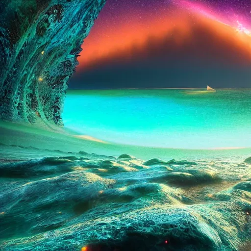 Image similar to landscape photo on lush warm alien beach, night, arching milkyway, sea lit by neon electric psychadelic coral, imposing wave face near shore unbroken ,Jungle, Mountains, lush, cinematic, Lumion rendering, photo realistic, 8k octane render UHD, bright volumetric dynamic lighting, milkyway light,detailed renderings, moonlight