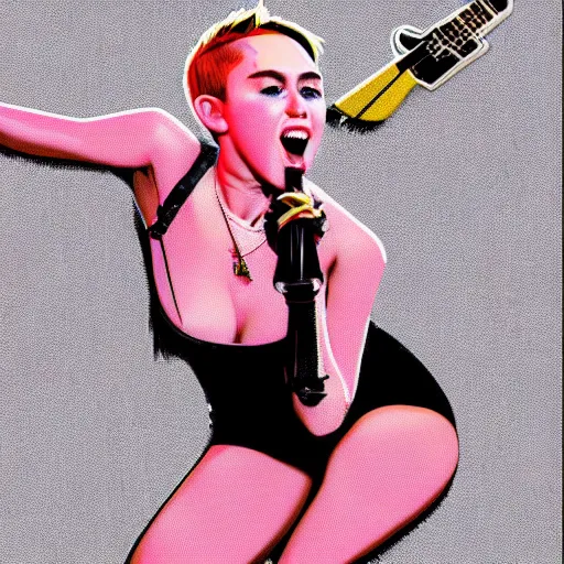 Prompt: miley cyrus in 2013 during the bangerz era, fully clothed, artwork by brendon small,