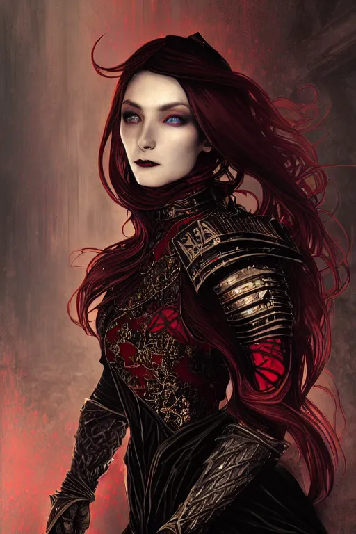 Image similar to beautiful luxury and gothic and victorian and evil medieval female reddish and black color armor knight portrait+smoky eyes+light flowing hair, in ruin gothic cathedral, ultradetail face, art and illustration by tian zi and craig mullins and WLOP and alphonse mucha, fantasy, intricate complexity, human structure, fantasy world concept, watermark, blurry, hyperrealism 8k