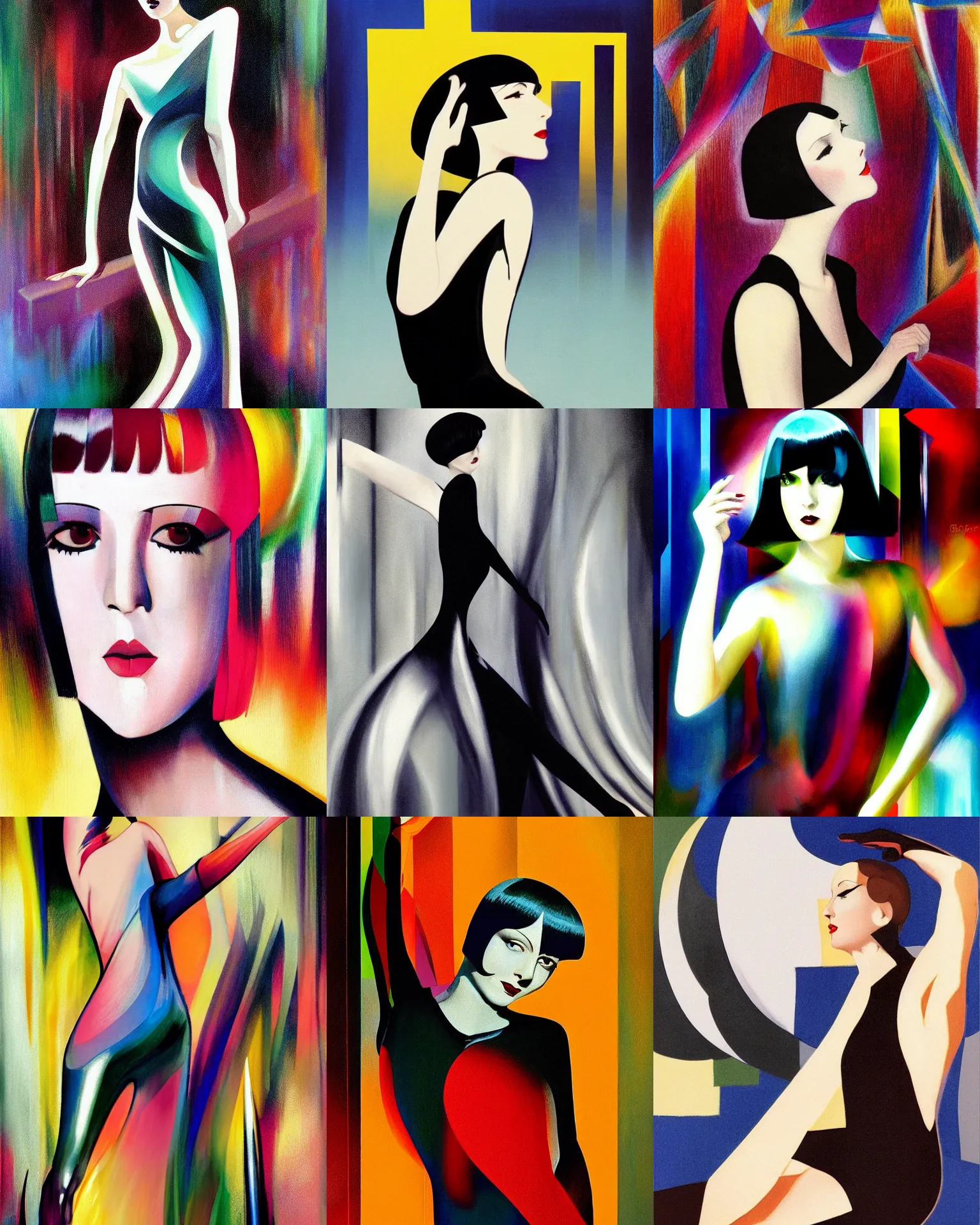 Image similar to full length portrait of 2 0 year old mary louise brooks dancing, shiny bob haircut, dramatic light, abstract art deco city background, air brush art, high contrast, sharp,, painted by ross tran 1 9 2 0 s