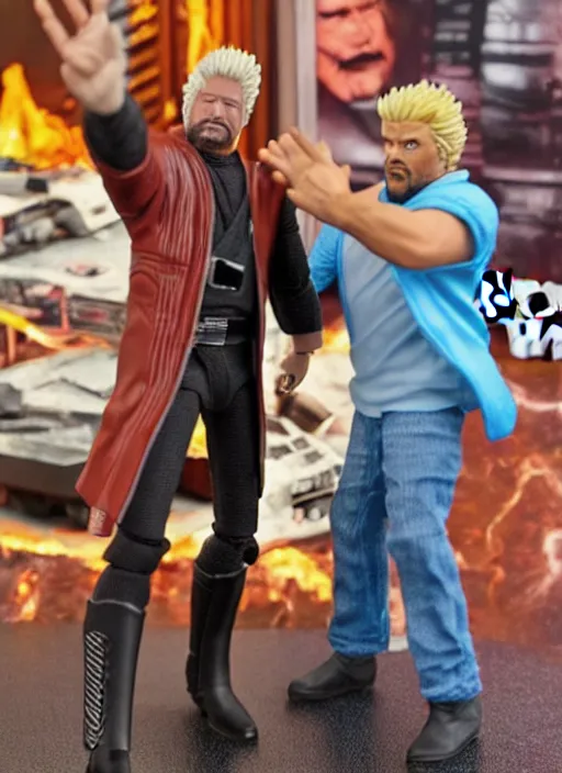 Image similar to star wars black series action figure of guy fieri fighting action figure of tony robbins, pristine toy, extremely detailed