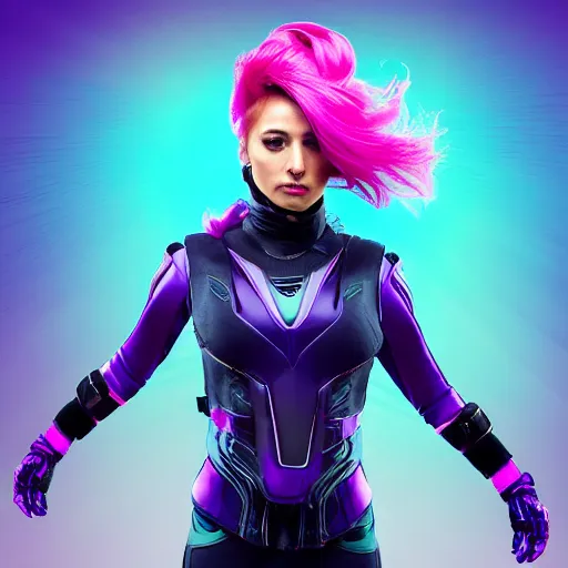 Image similar to a stunning high shutter speed action upper body portrait of a beautiful woman with a ombre purple pink hairstyle with head in motion and hair flying while wearing futuristic navy blue and teal battle bodyarmor and pauldrons by marvel comics, outrun, vaporware, action photography, highly detailed, fine detail, intricate, digital art, trending on artstation