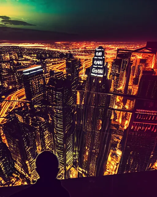 Image similar to an unreal engine rendered night rooftop scene, neon lights in the city below, close up shot of a photorealistic gangster wearing a trench coat looking at the city below, global illumination