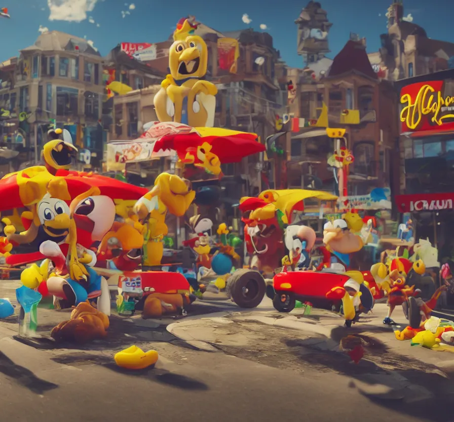 Image similar to living happy meal from macdonald rolling on streat, ue 5, ue 6, unreal engine 5, cinematic 4 k wallpaper, 8 k, ultra detailed, by popular digital artist, beautiful image, resolution, artstation